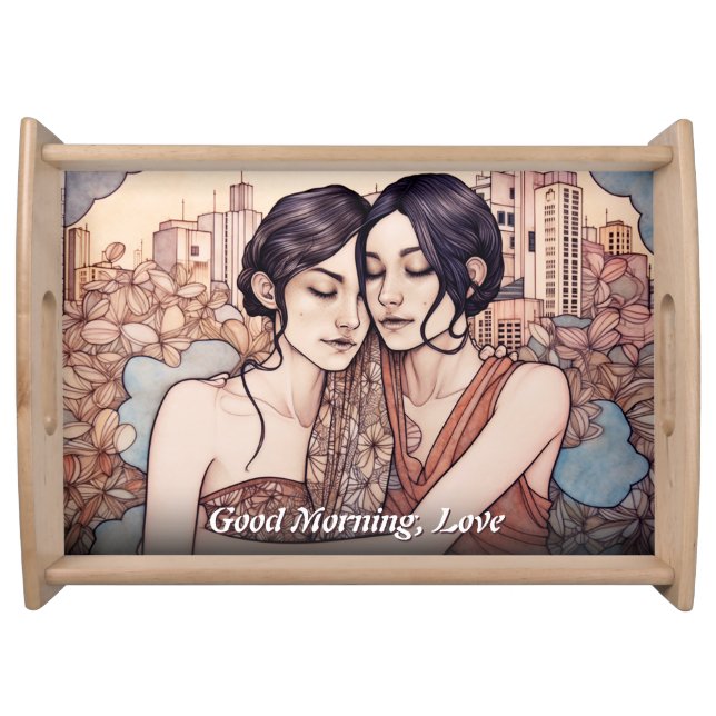 Miami Downtown Women Cuddling Lesbians Drawing Serving Tray (Front)
