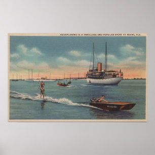 Miami, FL - Water Skiing Scene, Wooden Boat Poster