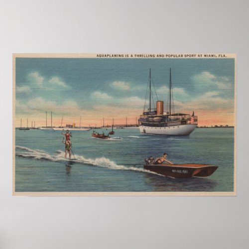 Miami FL _ Water Skiing Scene Wooden Boat Poster