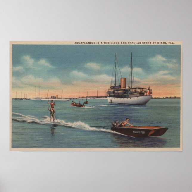 Miami, FL - Water Skiing Scene, Wooden Boat Poster (Front)