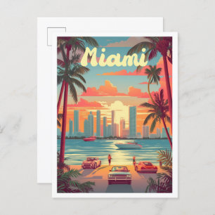 Miami Florida Art Vintage Travel Illustration Postcard