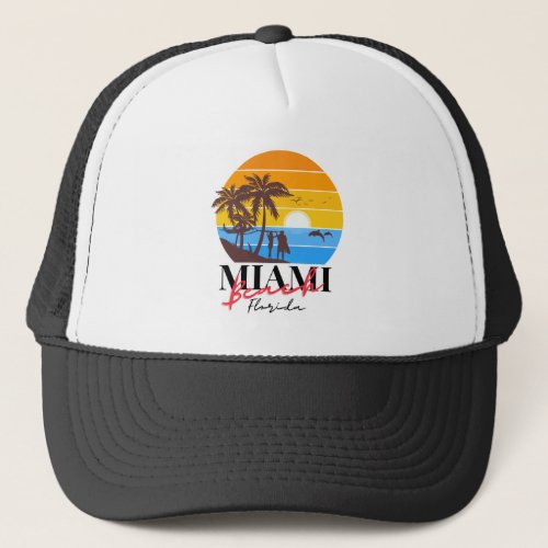 Miami Florida Beach Sunset Dolphin Surfing Shirt Trucker Hat