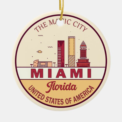 Miami Florida City Skyline Emblem Ceramic Ornament