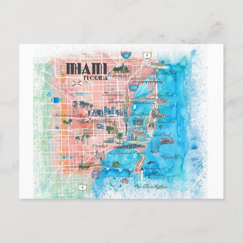 Miami Florida Illustrated Map Postcard