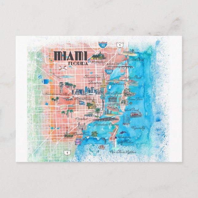 Miami Florida Illustrated Map Postcard (Front)