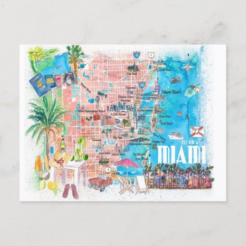 Miami Florida Illustrated Travel Map with Roads  Postcard