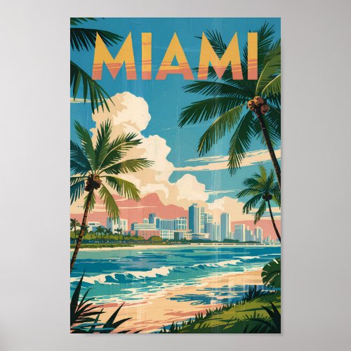 Miami Florida Illustration Travel Art Vintage