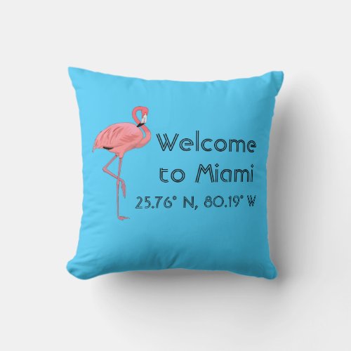 Miami Florida Latitude Longitude Pink Flamingo Throw Pillow