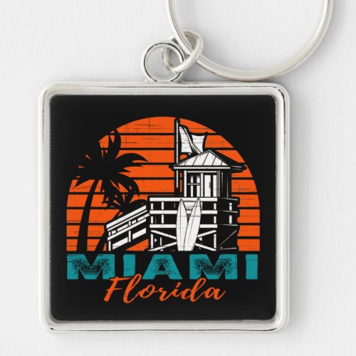 Miami Florida Life Guard Shack Sunset Keychain