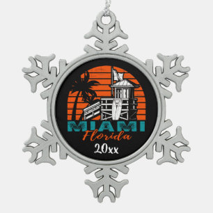 Miami Florida Life Guard Shack Sunset Snowflake Pewter Christmas Ornament