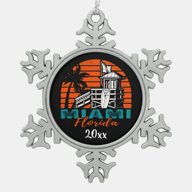 Miami Florida Life Guard Shack Sunset Snowflake Pewter Christmas Ornament (Front)