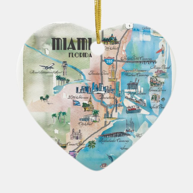 Miami Florida Retro Map Ceramic Ornament (Front)