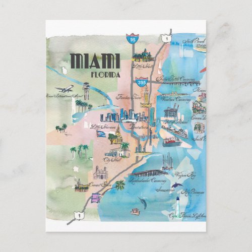 Miami Florida Retro Map Postcard