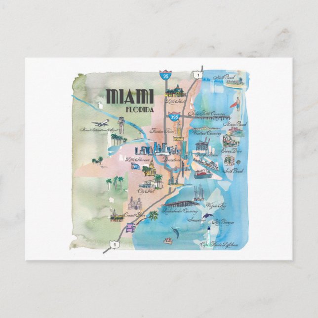 Miami Florida Retro Map Postcard (Front)