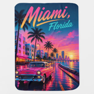 Miami Florida Retro Neon Sunset Travel Baby Blanket