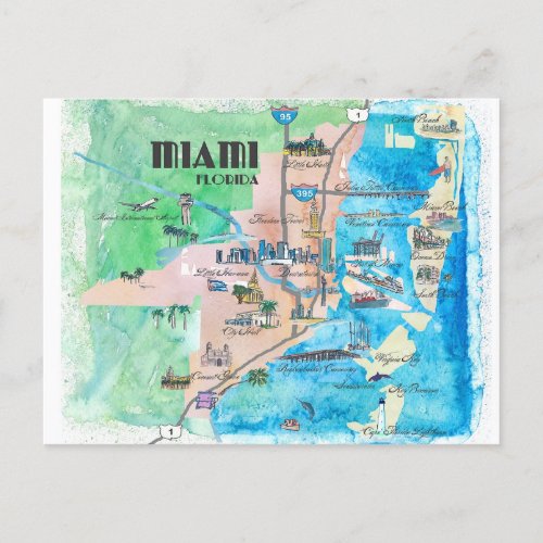 Miami Florida Retro Travel Map Postcard