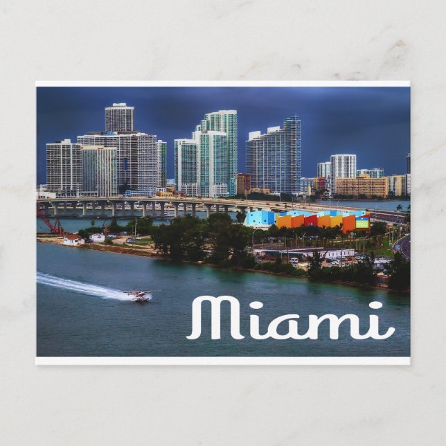 Miami Florida Skyline and Harbor At Night- USA Postcard (Front)