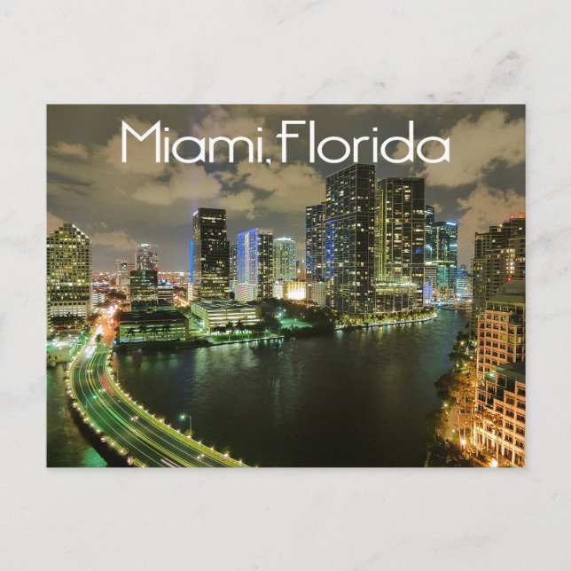 Miami Florida Skyline and Harbor At Night- USA Postcard (Front)