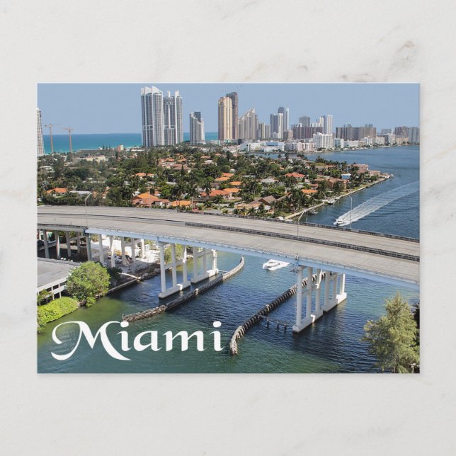 Miami Florida Skyline and Harbor At Night- USA Postcard (Front)