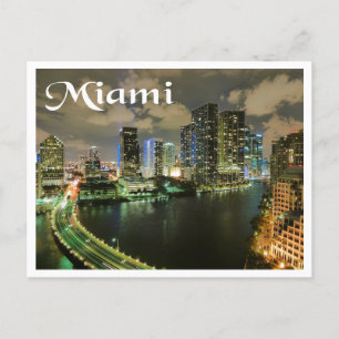 Miami Florida Skyline and Harbor At Night- USA Postcard