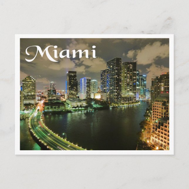 Miami Florida Skyline and Harbor At Night- USA Postcard (Front)