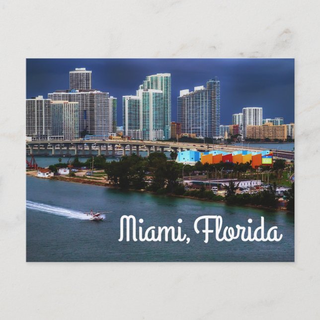 Miami Florida Skyline and Harbor At Night- USA Postcard (Front)