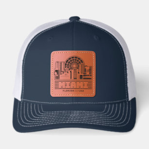 Miami Florida Skyline Retro Travel Graphic Design Leather Patch Hat