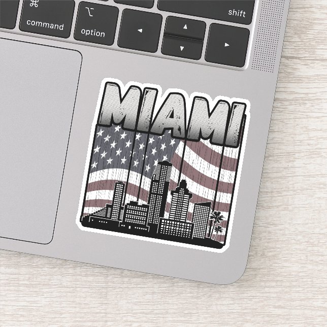 Miami Florida Skyline Vintage American Flag Sticker (Detail)