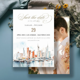 Miami Florida Skyline Watercolor Photo Wedding Save The Date