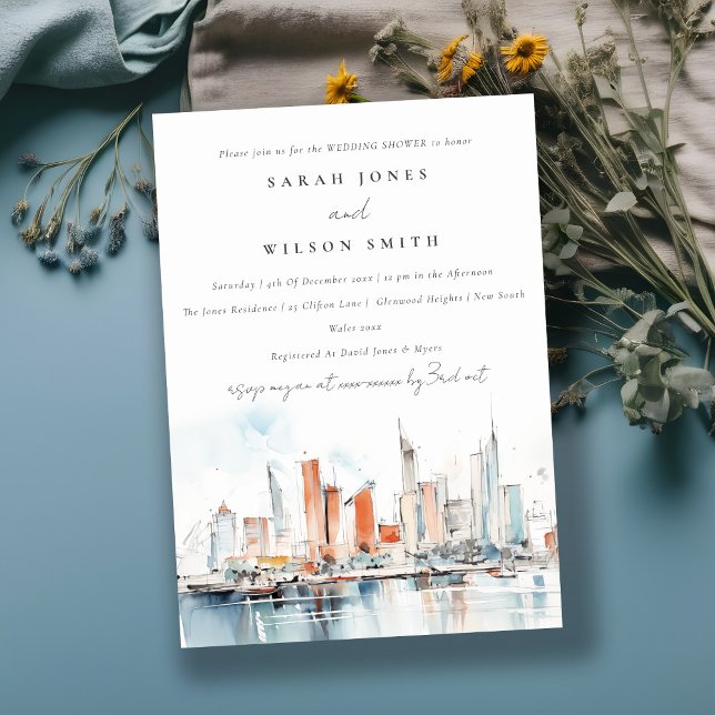 Miami Florida Skyline Watercolor Wedding Shower Invitation (Creator Uploaded)