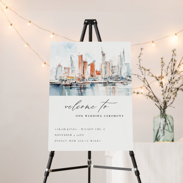 Miami Florida Skyline Watercolor Wedding Welcome Foam Board (In Situ (Stand))