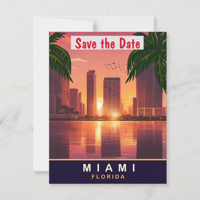 Miami Florida Sunset Skyline Gold Wedding Save The Date (Front)