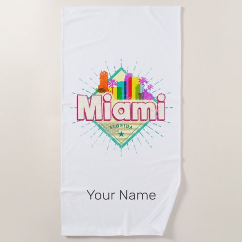 Miami Florida United States Retro Skyline Vintage Beach Towel