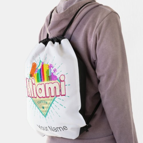 Miami Florida United States Retro Skyline Vintage Drawstring Bag