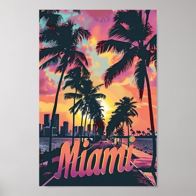 Miami Florida Vintage Retro Travel Illustration Poster (Front)