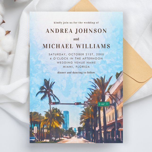 Miami Florida Watercolor City Destination Wedding  Invitation (Creator Uploaded)
