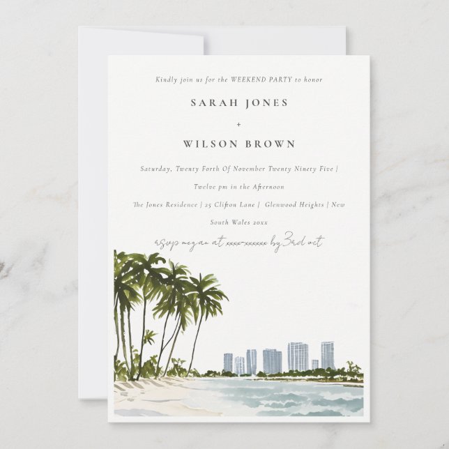 Miami Florida Watercolor Palm Beach Weekend Party Invitation (Front)