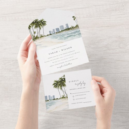 Miami Florida Watercolor Palm Landscape Wedding All In One Invitation