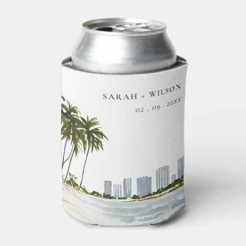 Miami Florida Watercolor Palm Landscape Wedding Can Cooler