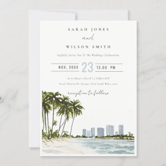 Miami Florida Watercolor Palm Landscape Wedding Invitation