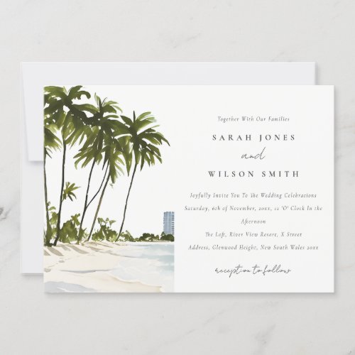 Miami Florida Watercolor Palm Landscape Wedding Invitation