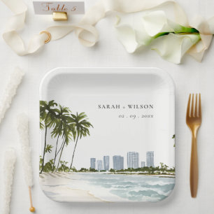 Miami Florida Watercolor Palm Landscape Wedding Paper Plates