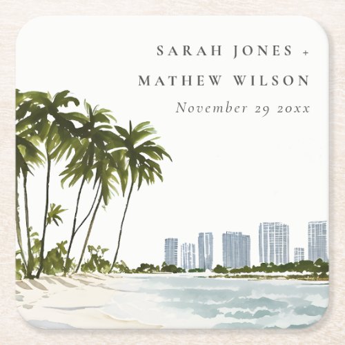 Miami Florida Watercolor Palm Landscape Wedding Square Paper Coaster