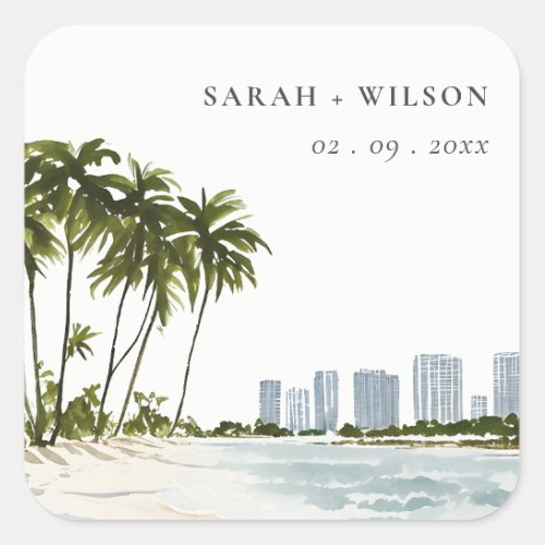Miami Florida Watercolor Palm Landscape Wedding Square Sticker