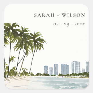 Miami Florida Watercolor Palm Landscape Wedding Square Sticker