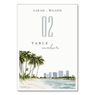 Miami Florida Watercolor Palm Landscape Wedding Table Number