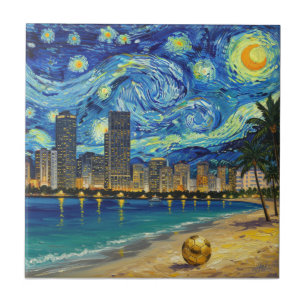 Miami Golden Shore Soccer Elegant and Oil Fine Art Ceramic Tile