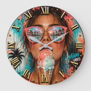 Miami Ice Cream Woman Portrait Melting Ice Cream Large Clock