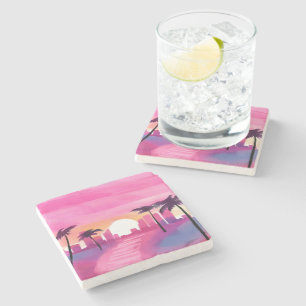 Miami in Pink   Bright Watercolor Painting Stone Coaster
