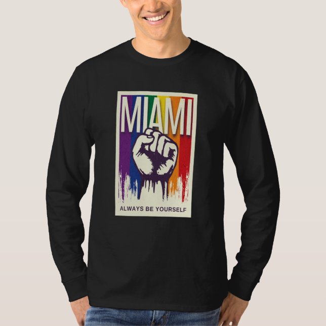 Miami LGBTQ Pride Rainbow Flag Resist Fist Proud L T-Shirt (Front)